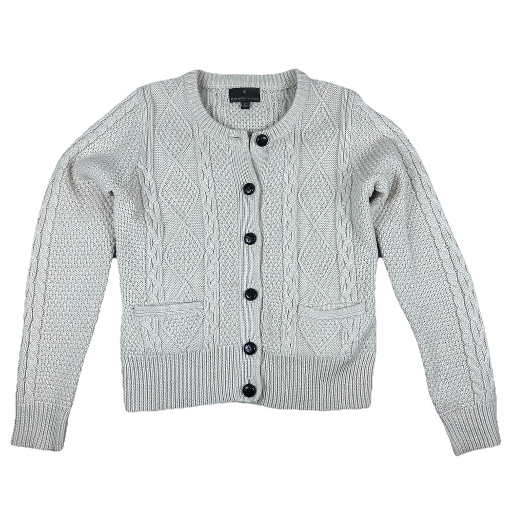 Fenn Wright Manson Cable Knit Cardigan Women's M Ivory Wool Blend Elbow Patches